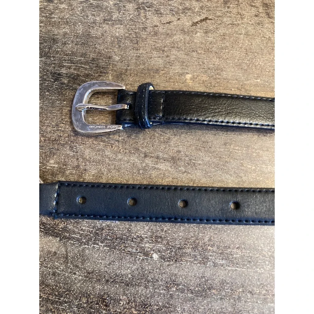 Michael Kors Black Leather Skinny Belt Silver Chain Link MK Logo 554756 Medium